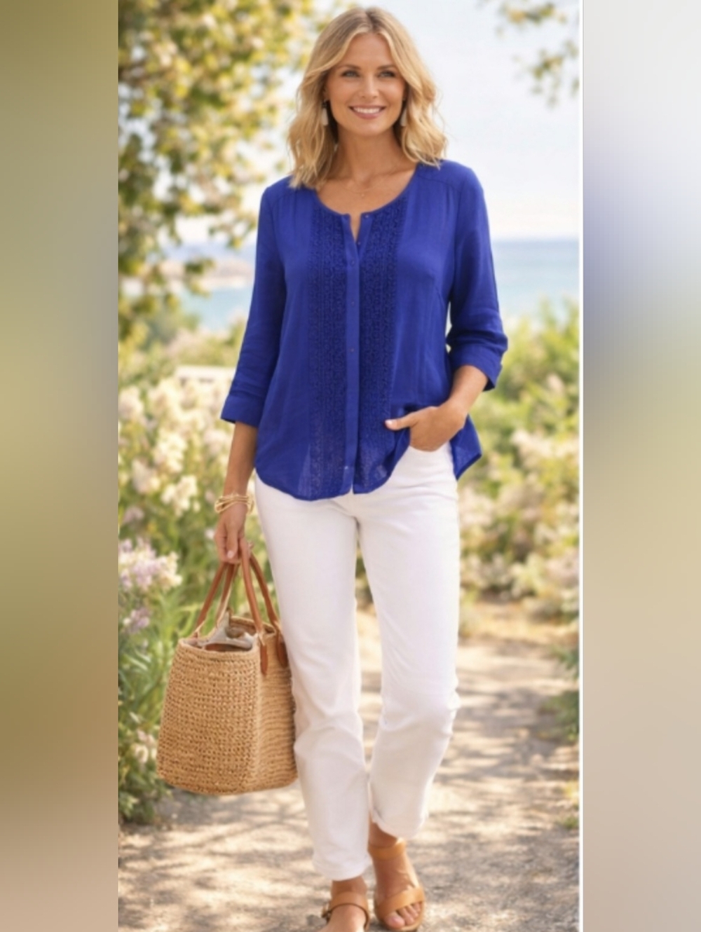 Anthro Maeve Blue Embroidered Blouse Medium Button Down 3/4 Sleeve Boho Top